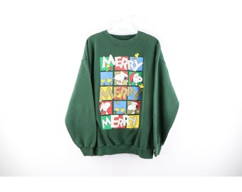 GlassCityReclaimed 90s Peanuts Womens XL Faded Snoopy Merry Christmas Sweatshirt Green USA, Peanuts Snoopy Christmas Sweatshirt, Womens Christmas Sweatshirt