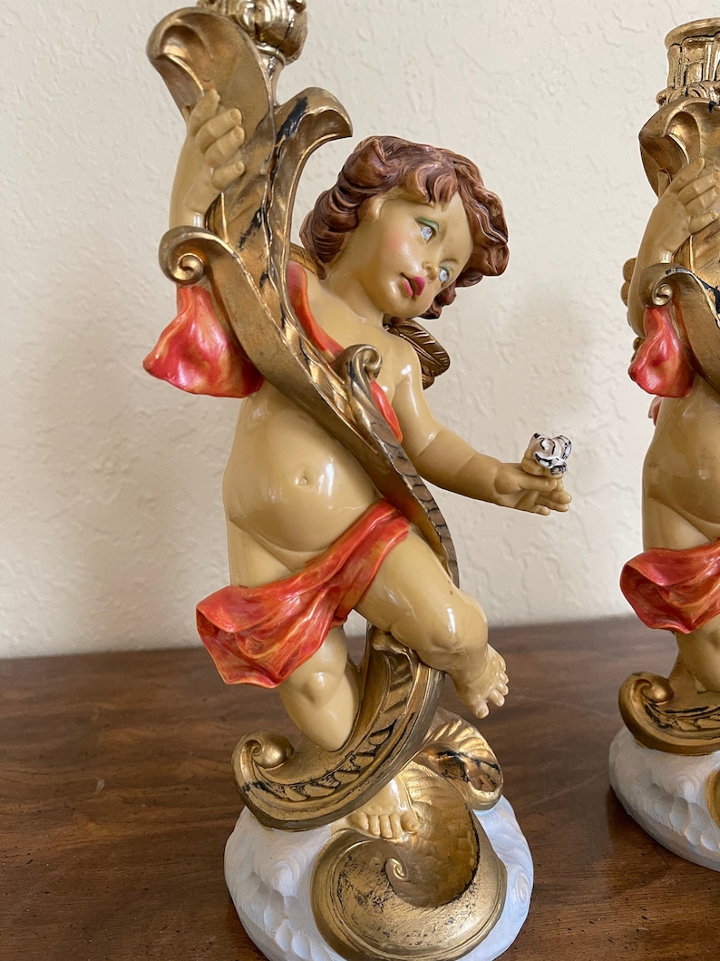 Vintage French Country Resin Cherub Angel Baby Candle Stick Holders Vintage Cherub Candle Stick Holders Vintage Angel Candle Stick Holders