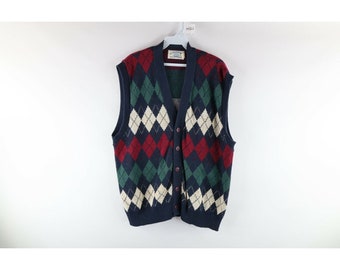 GlassCityReclaimed 90s Mens Large Rainbow Argyle Diamond Knit Cardigan Sweater Vest USA, Rainbow Cardigan Sweater Vest, Mens Argyle Diamond Sweater Vest