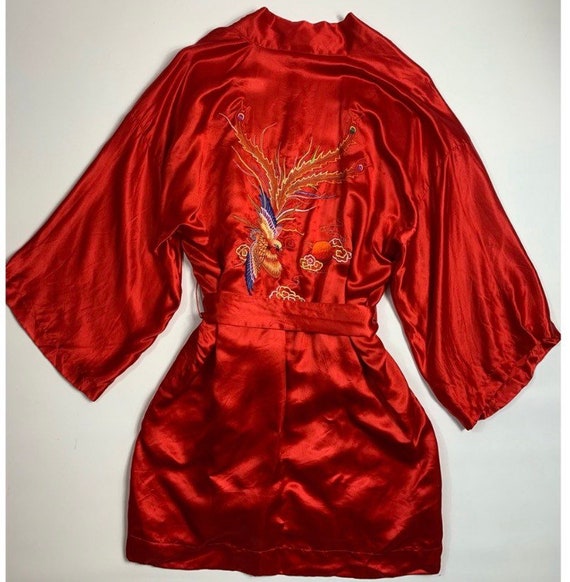 VTG 40s Pearls Large Silk Oriental Satin Robe Embr