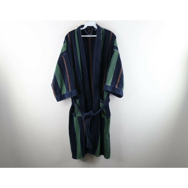 90s Streetwear Mens OSFA Faded Striped Belted Terry Cloth Bath Robe, Streetwear Striped Terry Cloth Robe, Mens Faded Belted Bath Robe