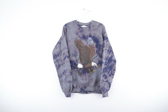 80s Mens Large Distressed Acid Wash Eagle Print Cr