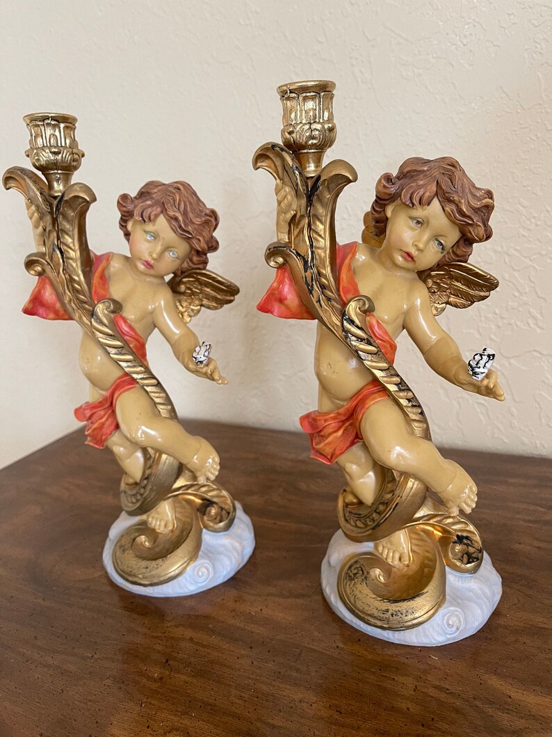 Vintage French Country Resin Cherub Angel Baby Candle Stick Holders Vintage Cherub Candle Stick Holders Vintage Angel Candle Stick Holders