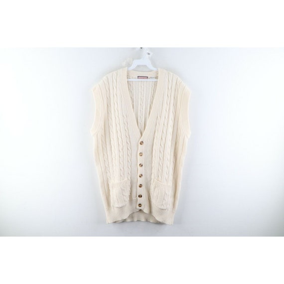 90s Streetwear Grunge Mens LT Acrylic Cable Knit Cardigan Sweater Vest White, Vintage Kurt Cobain Cardigan, Vintage Cardigan Sweater Vest