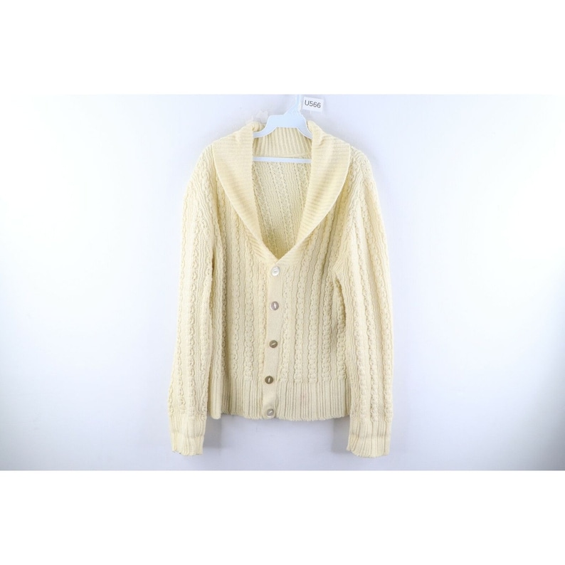 60s Rockabilly Grunge Mens Medium Cable Knit Shawl Cardigan Sweater Cream, 1960s Cable Knit Cardigan Sweater, Mens Vintage Cardigan, 60s