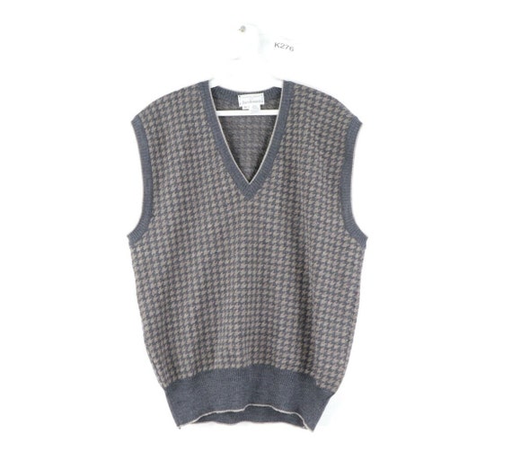 80s Streetwear Mens Small Houndstooth Knit Wool V