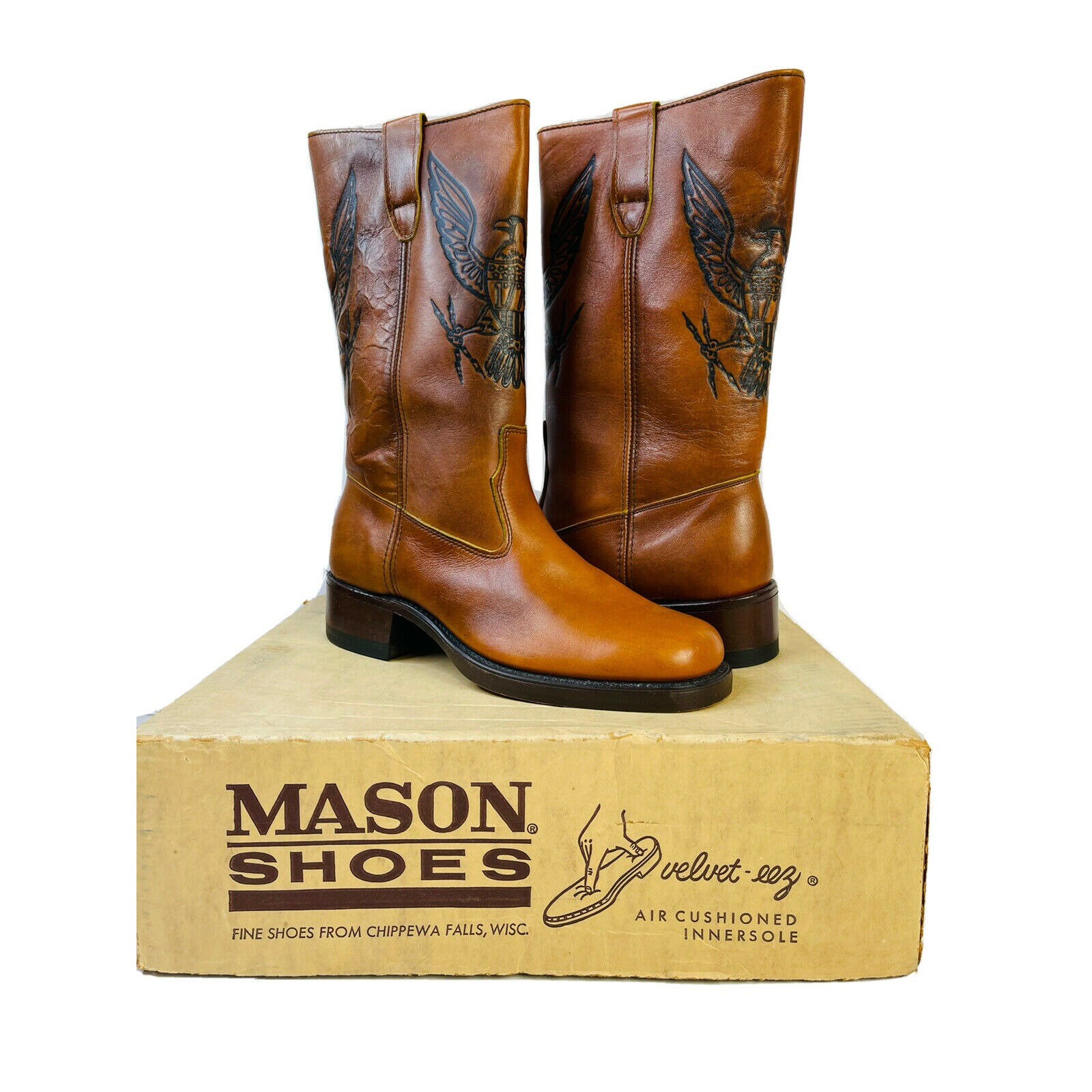 NOS 70s Mason 1776 Eagle Embossed Leather Western Cowboy Boots Mens 10 D Brown, 1970s Eagle Embossed Cowboy Western Boots, Vtg Cowboy Boots