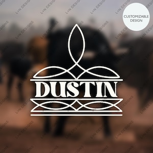 May include: White vinyl decal with a decorative design featuring a crown and the name "DUSTIN".