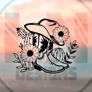 Western Cowboy Boots & Hat Sunflower Cactus Vinyl Decal