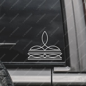 May include: A white geometric design with a stylised flame shape at the top and a series of curved lines at the bottom. The design is on a black background.