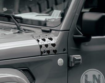 Set di adesivi per cofano con motivo a cuori / Compatibile con Jeep Wrangler JL JLU / Gladiator 2018-2025