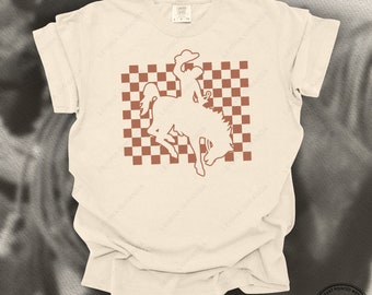 Bucking Bronc Checkers Cowgirl Cowboy-T-shirt, boho western vintage T-shirt, Rodeo Rancher Wild West-kleding