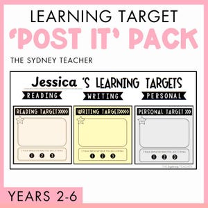 Può includere: Un pacchetto di post-it per obiettivi di apprendimento per gli anni 2-6 di The Sydney Teacher. Il documento presenta sezioni per gli obiettivi di lettura, scrittura e personali di Jessica, ciascuno con un'icona a stella e tre cerchi numerati.