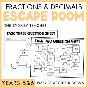 Könnte beinhalten: Ein Fractions & Decimals Escape Room Lernmaterial von The Sydney Teacher für die Klassen 5 und 6. Das Bild zeigt zwei schwarz-weiße Aufgabenblätter mit den Titeln Task Two und Task Three, die mathematische Probleme mit Brüchen und Dezimalzahlen enthalten.