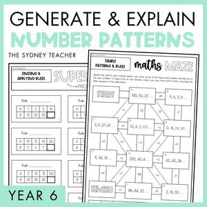 May include: A black and white educational worksheet titled Generate & Explain Number Patterns by The Sydney Teacher. It features a maths maze with number sequences and a table for finding and applying rules, designed for Year 6 students.