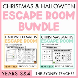 May include: A Christmas and Halloween escape room bundle for years 3 and 4 by The Sydney Teacher. The set includes math question sheets with puzzles, multiplication tasks, and codes, featuring a pumpkin icon and a Christmas tree icon.