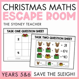 Puede incluir: Una hoja de actividades educativas Christmas Maths Escape Room para los años 5 y 6 titulada Save the Sleigh. Incluye dos hojas de tareas con problemas matemáticos que utilizan iconos de renos, regalos y campanas.