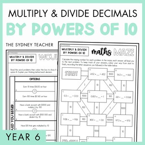 May include: A black and white educational worksheet titled Multiply & Divide Decimals by Powers of 10. The page features a math maze with boxes containing multiplication and division problems, alongside a Would You Rather word problem section.
