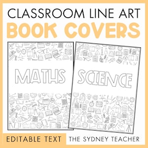 以下が含まれることがあります： 学校の備品や科学のアイコンが描かれた、白黒の線画イラスト付きの長方形のブックカバー2枚。左側のカバーには「MATHS」、右側のカバーには「SCIENCE」という文字が記載されています。デザインには編集可能なテキストエリアが含まれています。