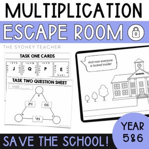 Può includere: Attività di escape room stampabile in bianco e nero per bambini di 5a e 6a elementare. L'attività è incentrata sul salvataggio della scuola e presenta un compito di moltiplicazione con un codice per sbloccare la scuola. Il testo "Salva la scuola!" è scritto in grandi lettere nella parte inferiore dell'immagine.