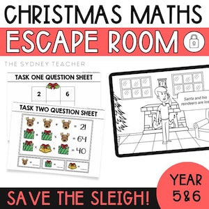 Può includere: Attività di escape room di matematica natalizia stampabile in bianco e nero per bambini di 5a e 6a elementare. L'attività include due fogli di domande con renne, regali e campane. Il primo foglio chiede agli studenti di risolvere un numero mancante in una griglia. Il secondo foglio chiede agli studenti di risolvere un numero mancante in una serie di equazioni. L'attività include anche un'illustrazione in bianco e nero di un personaggio al telefono in una stanza con un camino e un albero di Natale.