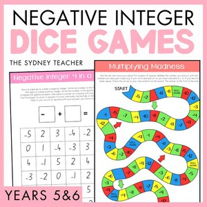 Puede incluir: Hojas de juegos educativos tituladas Negative Integer Dice Games de The Sydney Teacher para los años 5 y 6. Las hojas incluyen una cuadrícula para problemas matemáticos y un camino de juego colorido titulado Multiplying Madness.