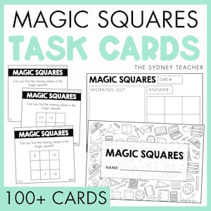Peut inclure: Un ensemble de cartes de tâches Magic Squares comprenant des feuilles de travail imprimables en noir et blanc. Les cartes incluent des grilles pour résoudre des problèmes mathématiques, des espaces pour les calculs et une page de garde avec des icônes scolaires.