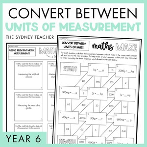 May include: A black and white educational worksheet titled Convert Between Units of Measurement and Maths Maze. The page features math problems involving mass conversions like kg, g, mg, and t, with boxes labeled A through K and a start and finish point.