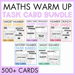 Può includere: Un pacchetto digitale di schede di attività matematiche con cinque set: Target Number, Times Table Triangles, Number Crunch, Mystery Number e Magic Squares. Ogni set include 100 schede con fogli di lavoro in bianco e nero ed esercizi.