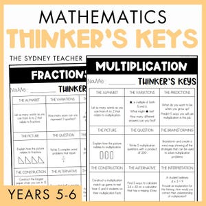 May include: A black and white educational worksheet titled Mathematics Thinker's Keys for years 5-6. The document features grids with prompts for fractions and multiplication, including tasks like listing words, solving problems, and brainstorming strategies.