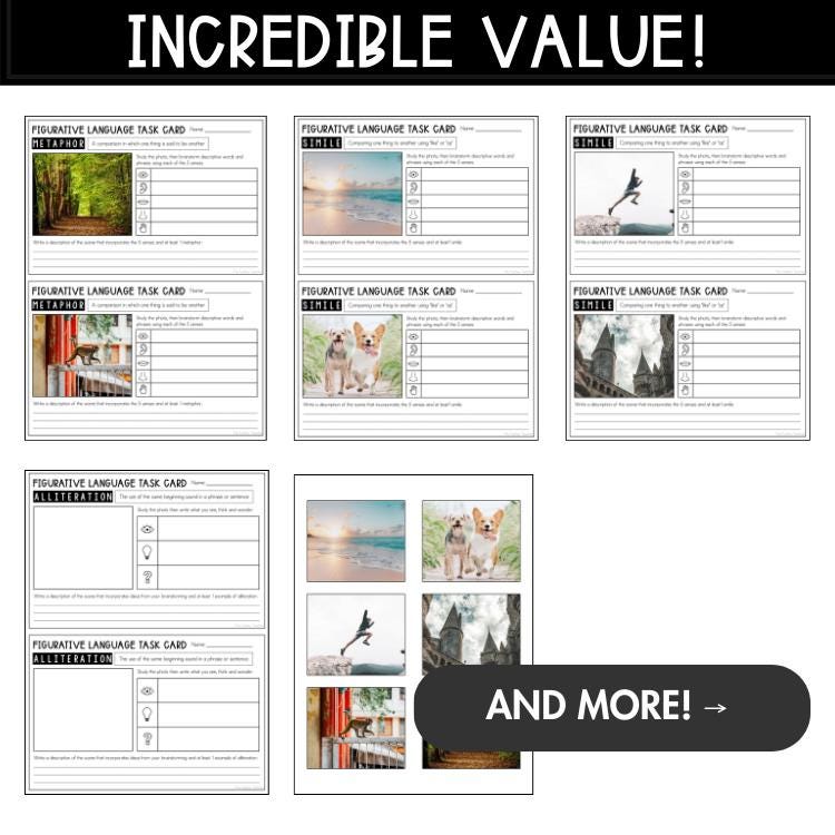 Figurative Language Printable Activity / Task Cards: Metaphors, Similes
