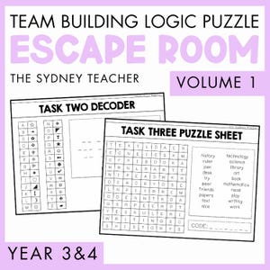May include: A team building logic puzzle escape room activity, volume 1, for year 3 and 4. The document includes a Task Two Decoder sheet with letter-to-symbol mappings and a Task Three Puzzle Sheet featuring a word search and a code section.