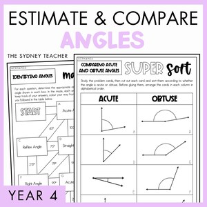 Op de afbeelding: Wiskundewerkblad getiteld Estimate & Compare Angles Year 4. De pagina bevat een doolhof voor het identificeren van hoeken en een tabel voor het sorteren van scherpe en stompe hoeken, gelabeld A tot en met F met diagrammen en instructies.