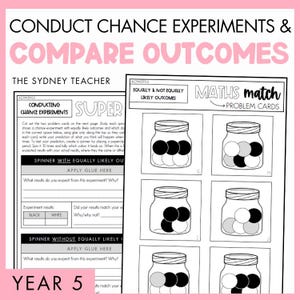 May include: Educational math worksheet titled CONDUCT CHANCE EXPERIMENTS & COMPARE OUTCOMES by THE SYDNEY TEACHER. The page features MATHS MATCH PROBLEM CARDS with illustrations of jars containing black, white, and gray spheres for probability tasks.