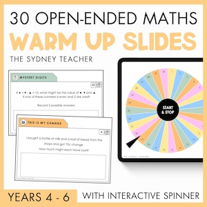May include: A digital educational resource titled 30 Open-Ended Maths Warm Up Slides by The Sydney Teacher. It features two slide examples with maths problems and a tablet screen displaying a colourful interactive spinner numbered 1 to 30.