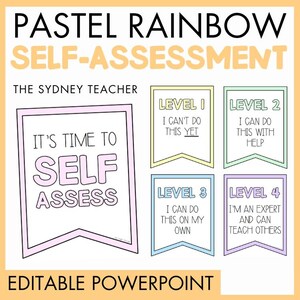 May include: A pastel rainbow self-assessment chart featuring five pennant-shaped banners. The main banner reads IT'S TIME TO SELF ASSESS. Four smaller banners labeled LEVEL 1 through LEVEL 4 describe proficiency levels from I CAN'T DO THIS YET to I'M AN EXPERT AND CAN TEACH OTHERS.