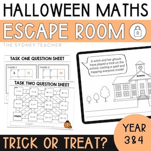 Può includere: Attività di escape room di Halloween stampabile in bianco e nero per bambini di terza e quarta elementare. L'attività presenta una strega e dei fantasmi che hanno intrappolato tutti all'interno della scuola. La escape room include due fogli di domande con problemi di matematica da risolvere. Il testo sull'immagine dice "Halloween Maths Escape Room" e "Trick or Treat?"