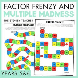 May include: Two educational board game worksheets titled Factor Frenzy and Multiple Madness. The pages feature colorful winding paths of numbered squares in red, blue, yellow, and green, with instructions for math activities for years 5 and 6.