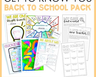 May include: A collection of black and white printable worksheets titled Get To Know You Back To School Pack for years 3-6. The pages include activities like My Class Find-A-Word, A Letter To My New Teacher, Find Someone Who, and All About Me.