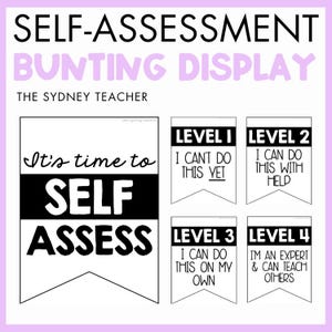 May include: A self-assessment bunting display set featuring five white pennants with black text. The large pennant reads It's time to SELF ASSESS. Four smaller pennants are labeled LEVEL 1 through LEVEL 4 with descriptive phrases for each level.