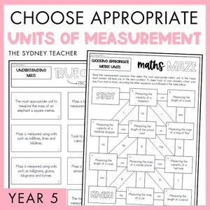 Könnte beinhalten: Ein schwarz-weißes Arbeitsblatt mit dem Titel Choose Appropriate Units of Measurement und Maths Maze. Die Seite enthält textbasierte Mathematikaufgaben und ein Flussdiagramm für Schüler der 5. Klasse zum Üben metrischer Maßeinheiten.