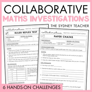 Puede incluir: Dos hojas de trabajo impresas en blanco tituladas Collaborative Maths Investigations, que presentan Ruler Reflex Test y Paper Chains. Los documentos incluyen secciones para materiales, pasos de investigación y tablas de resultados con líneas.