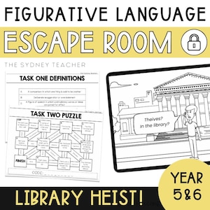 Figurative Language Escape Room, Metaphor, Simile, Oxymoron, Alliteration, Idiom, Onomatopoeia, Printable Activities, Scavenger Hunt
