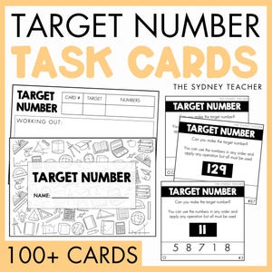 Può includere: Un set di schede didattiche di matematica intitolato Target Number Task Cards di The Sydney Teacher. Le schede presentano disegni al tratto in bianco e nero di materiale scolastico, un foglio di registrazione e schede con numeri target.