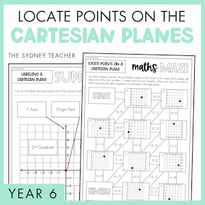 Może przedstawiać: Arkusz zadań z matematyki zatytułowany Locate Points on the Cartesian Planes autorstwa The Sydney Teacher dla uczniów klasy Year 6. Czarno-biały materiał do druku zawiera labirynt z siatkami współrzędnych, opisanymi osiami i punktami.