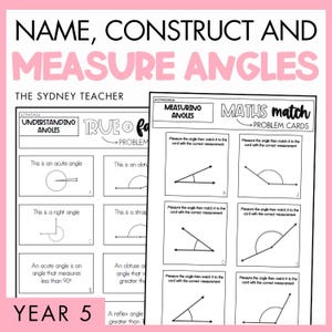 May include: Educational worksheets titled NAME, CONSTRUCT AND MEASURE ANGLES by THE SYDNEY TEACHER for YEAR 5. The pages feature black and white text and diagrams illustrating acute, obtuse, right, and straight angles, plus MATHS match problem cards.