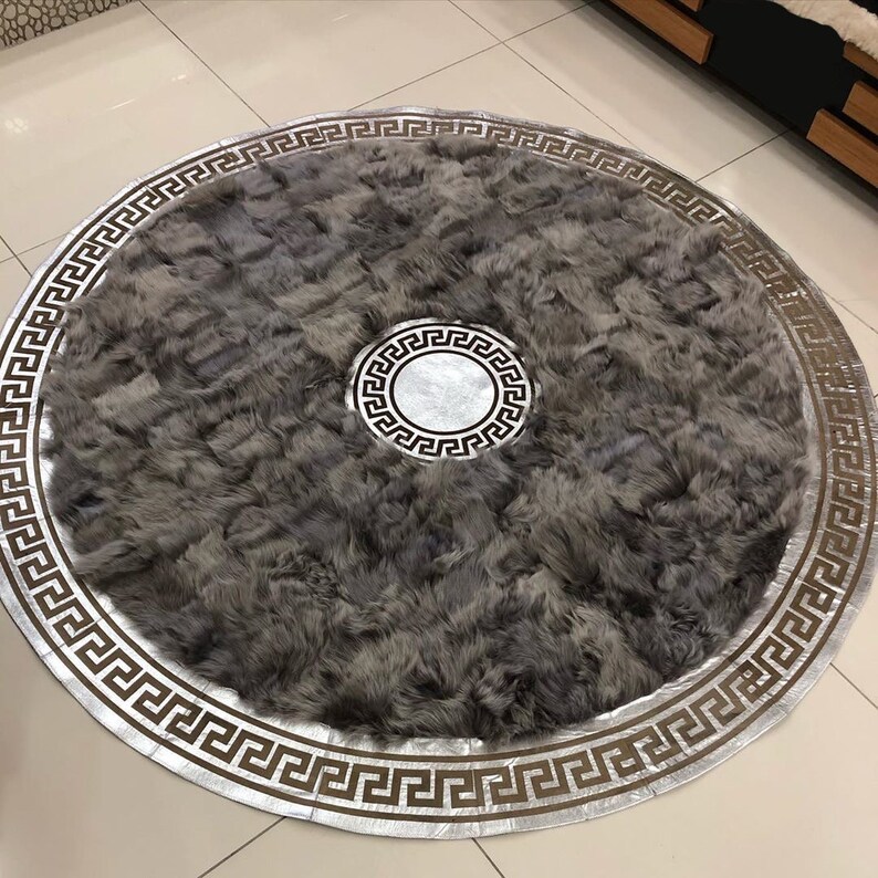 Natural Round Sheepskin Patchwork Area Rug Gray Large Etsy