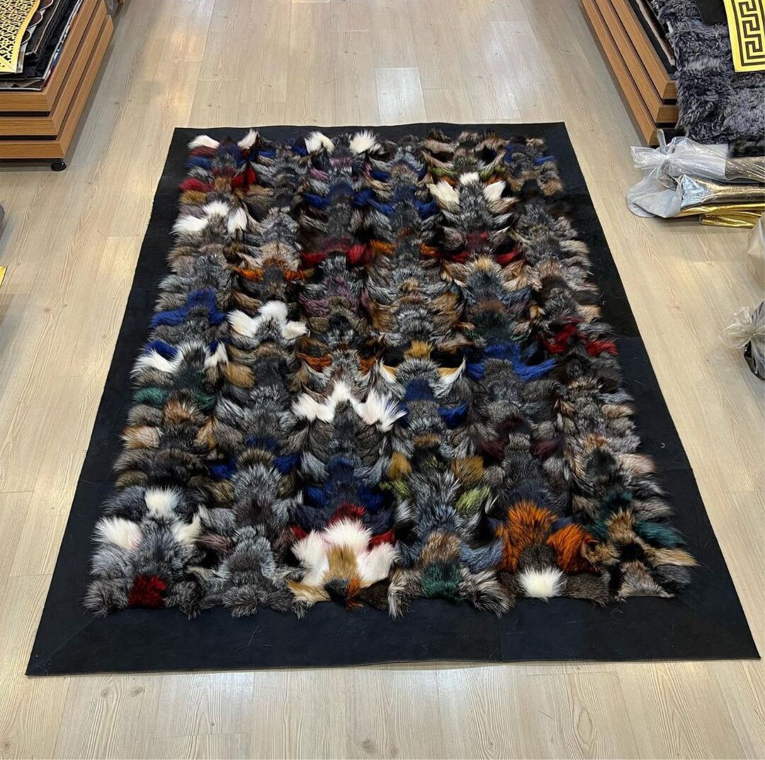 Handmade Multicolor Fox Fur Rug, Real Fox Patchwork Rug, Soft Fluffy