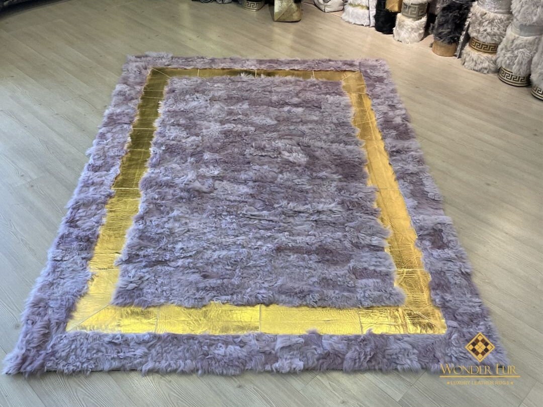 Luxury Lilac Sheepskin Fur 8x10 Area Rug, Fluffy Shaggy Wool Rug for