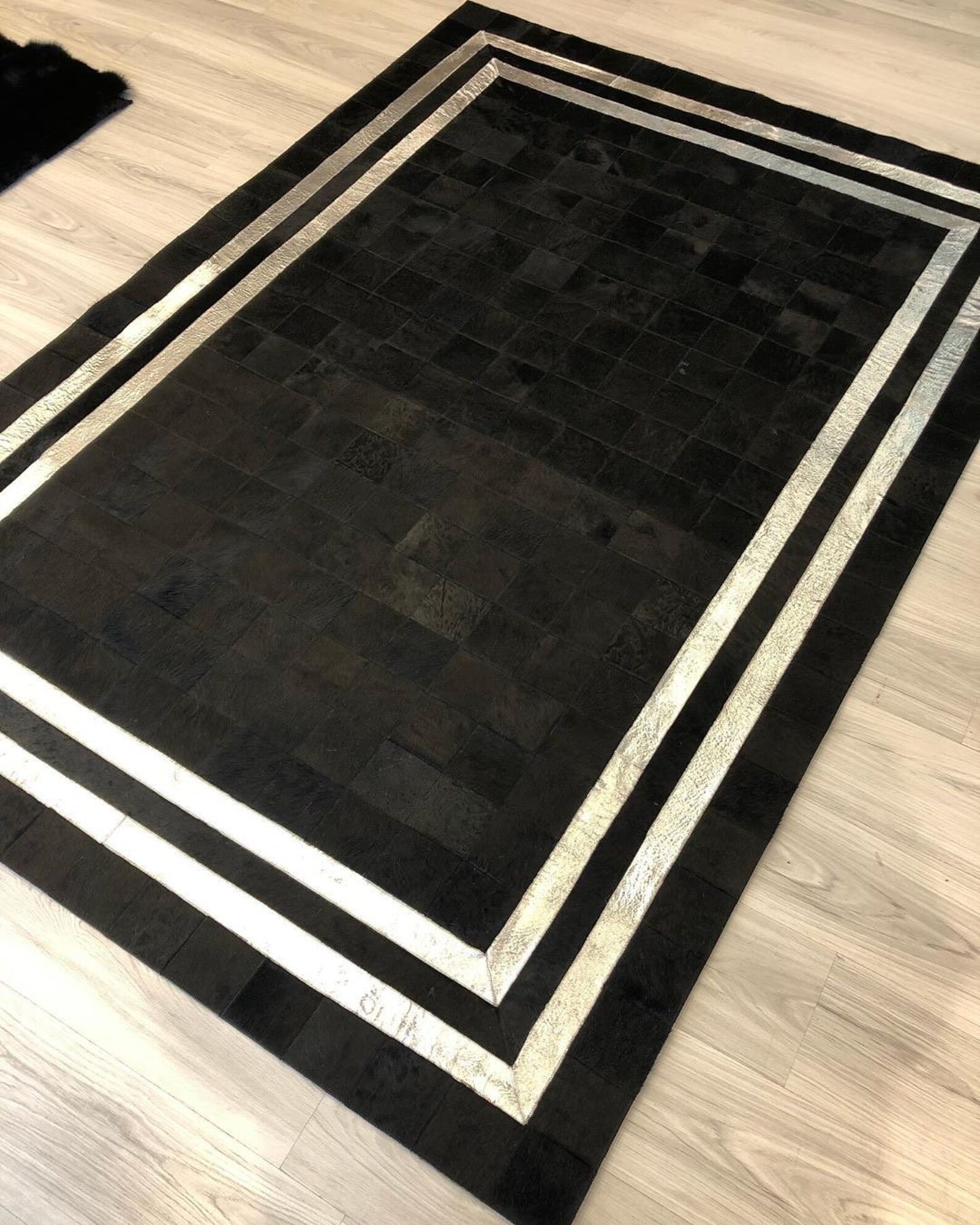 Black Cowhide Area Rug Handmade Cowhide Patchwork Rug Custom Etsy